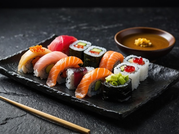 Sushi japonés surtido en un plato de piedra negra