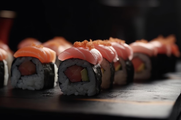 Sushi en una mesa con fondo negro