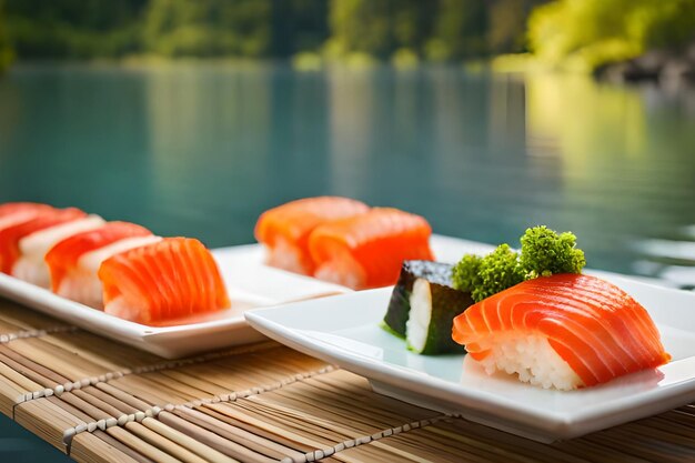 Sushi en una mesa con un lago al fondo