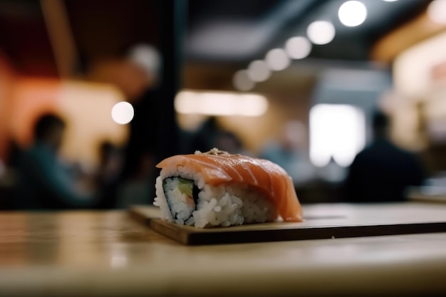 Un sushi en una mesa de madera con un fondo borroso