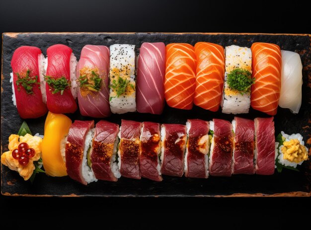 sushi en una mesa con varias carnes en el estilo de la gran comida japonesa