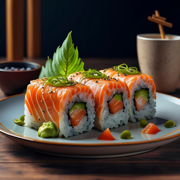 Sushi mit Lachs auf dem Teller japanisches Essen japanisches Essen