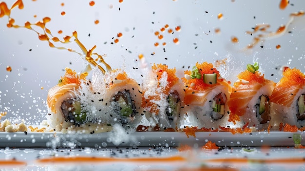 Sushi mit orangefarbenen fliegenden Fischeiern und Sojasauce