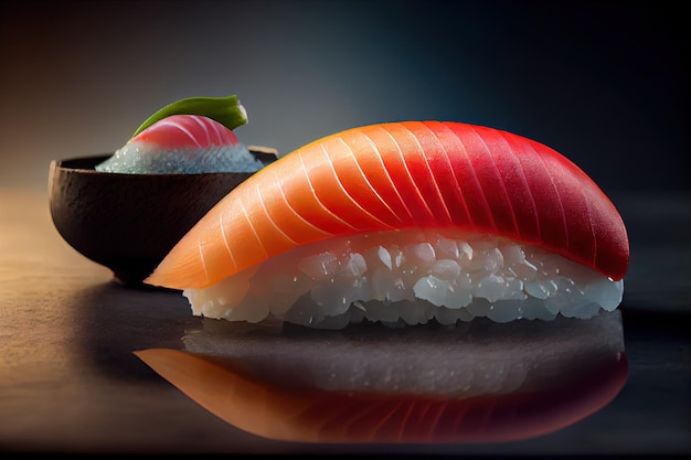 Sushi Nigiri auf dunklem Hintergrund Japanische Meeresfrüchte Lachs Susi Abstrakte generative KI-Illustration