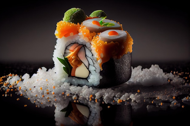 Sushi Nigiri em fundo escuro Japonês Frutos do mar Salmão Susi Abstrato Ilustração de IA generativa