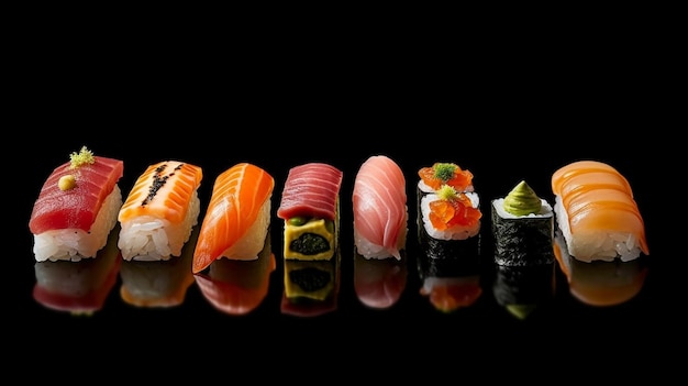 Sushi Nigiri Set con AI generativa de fondo negro
