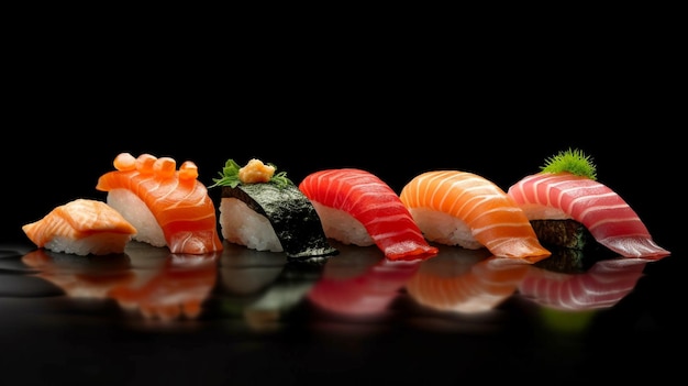 Sushi-Nigiri-Set mit generativer KI auf schwarzem Hintergrund