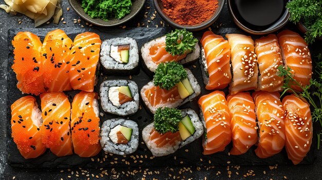 Sushi nigiri variado e maki grande conjunto em ardósia Uma variedade de sushi japonês com atum e caranguejo