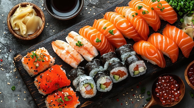 Sushi nigiri variado e maki grande conjunto em ardósia Uma variedade de sushi japonês com atum e caranguejo