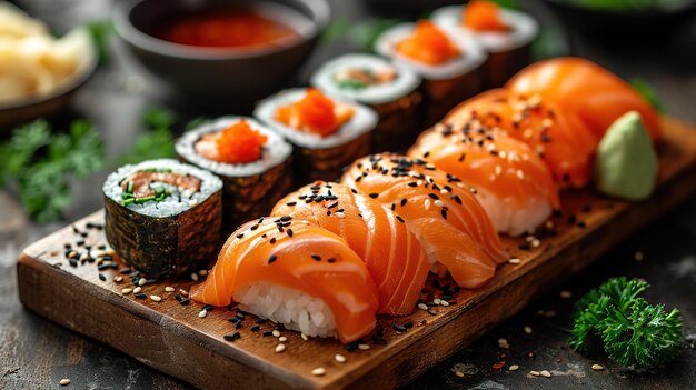 Foto sushi nigiri variado e maki grande conjunto em ardósia uma variedade de sushi japonês com atum e caranguejo