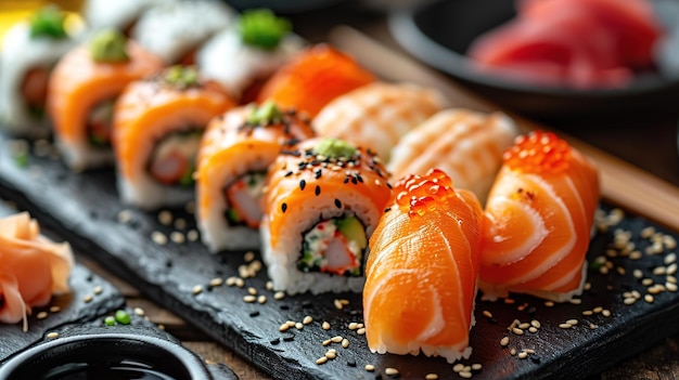 Foto sushi nigiri variado e maki grande conjunto em ardósia uma variedade de sushi japonês com atum e caranguejo