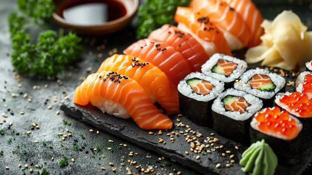 Sushi nigiri variado e maki grande conjunto em ardósia Uma variedade de sushi japonês com atum e caranguejo