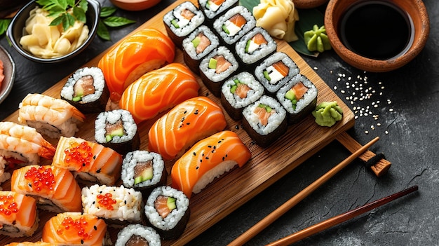 Foto sushi nigiri variado e maki grande conjunto em ardósia uma variedade de sushi japonês com atum e caranguejo