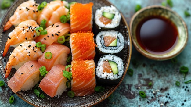 Sushi nigiri variado e maki grande conjunto em ardósia uma variedade de sushi japonês com atum e caranguejo