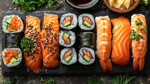 Sushi nigiri variado e maki grande conjunto em ardósia Uma variedade de sushi japonês com atum