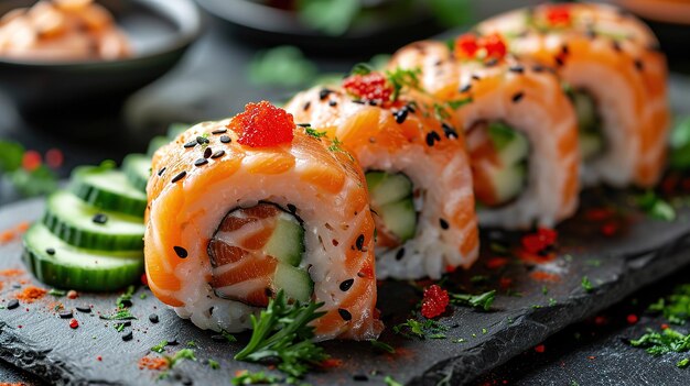 Sushi nigiri variado e maki grande conjunto em ardósia Uma variedade de sushi japonês com atum