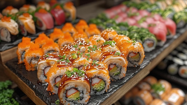 Sushi nigiri variado e maki grande conjunto em ardósia Uma variedade de sushi japonês com atum