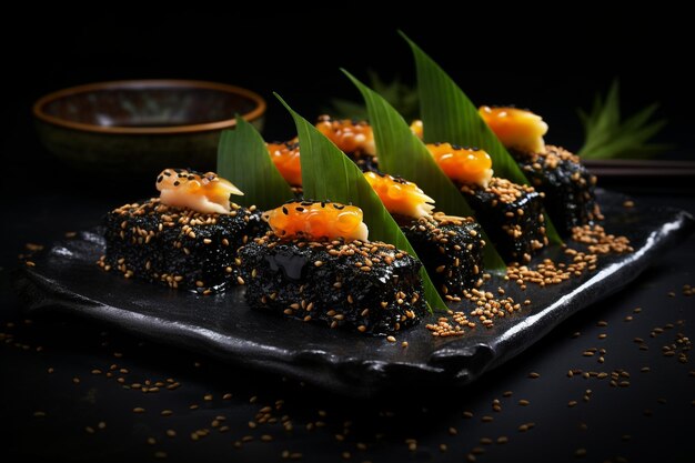 Foto sushi nori con jengibre y wasabi en un plato negro