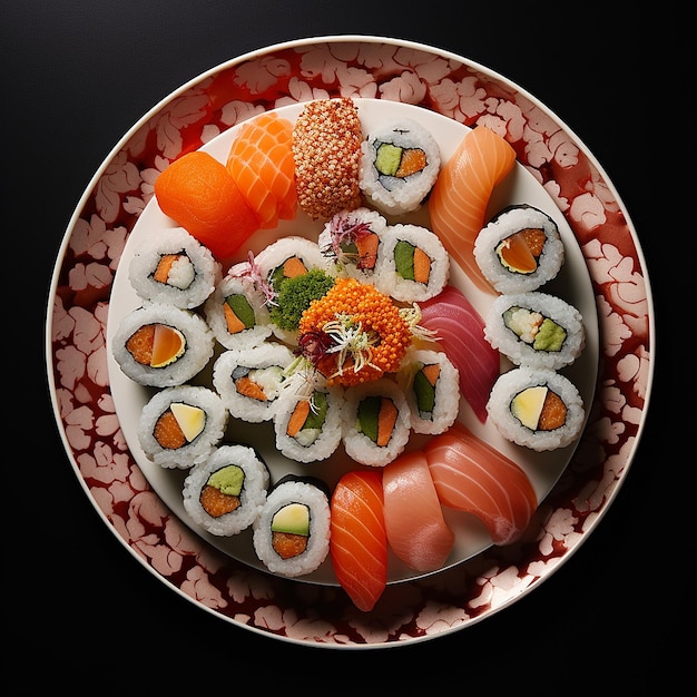Sushi num prato com salmão parece delicioso.