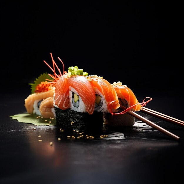 Foto sushi con palillos deliciosos sushi con fondo negro