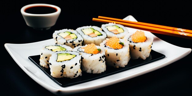 Sushi en un plato con un bol de salsa de soja