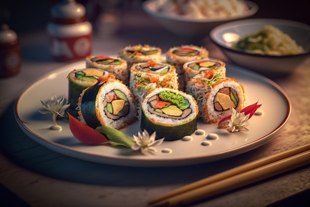 Sushi en un plato con una botella de salsa china detrás