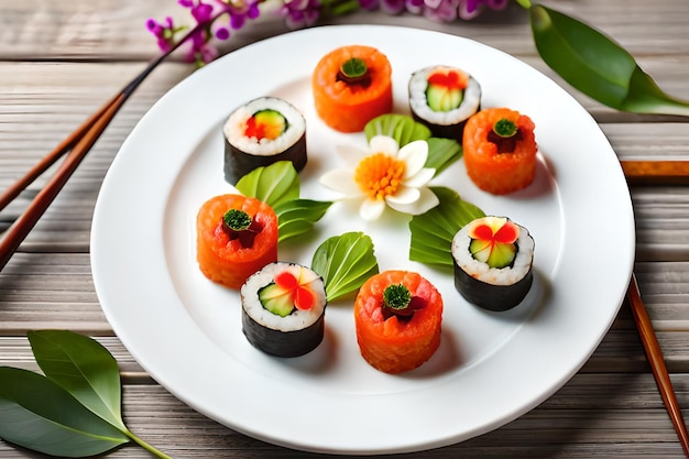 Sushi en un plato con una flor al costado