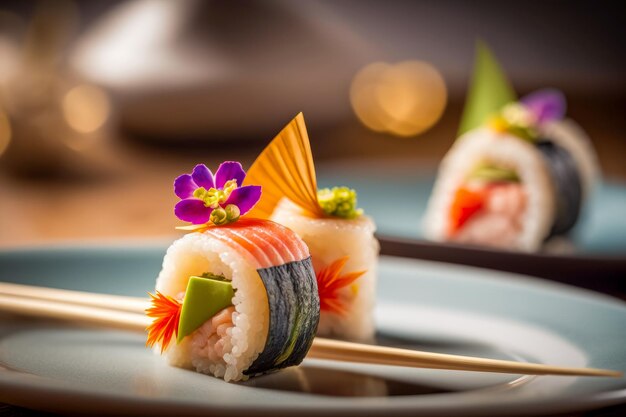 Sushi en un plato con una flor