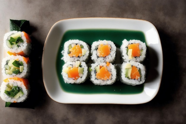 Sushi en un plato con líquido verde