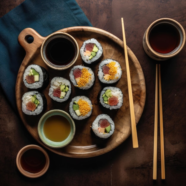 Sushi en un plato de madera con un bol de salsa de soja y un bol de salsa de soja.