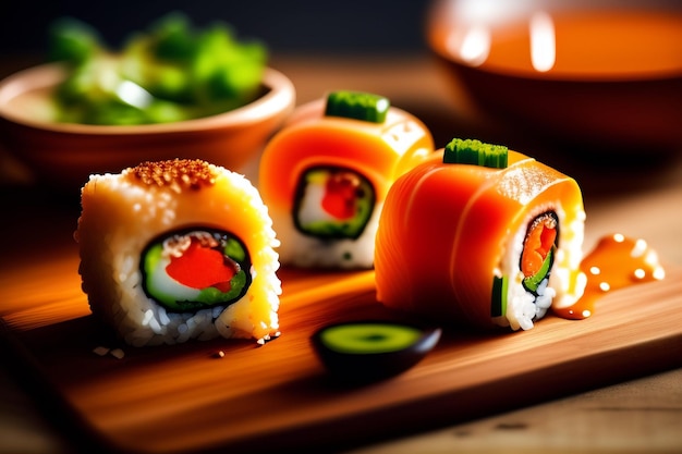 Sushi en un plato de madera con un plato de verduras al fondo