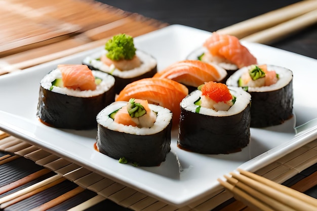 Sushi en un plato con palillos