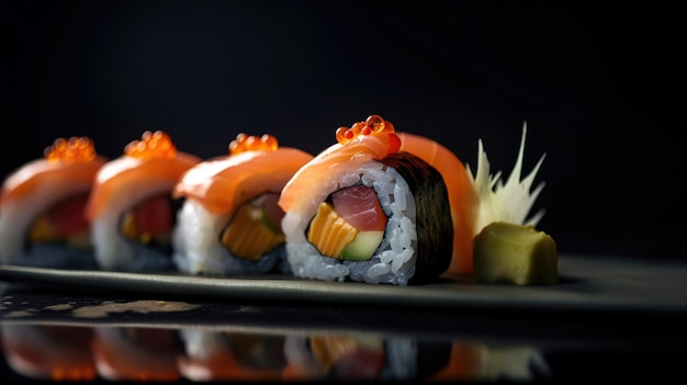 Sushi en un plato con un tenedor dorado