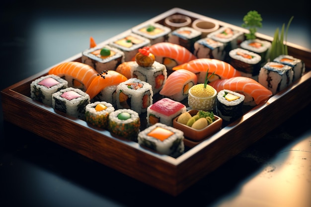 Sushi plato tradicional japonés elaborado con arroz tratado con vinagre de arroz o sal y varios rellenos o capas que son principalmente de mariscos pero pueden incluir carne, verduras y algas.