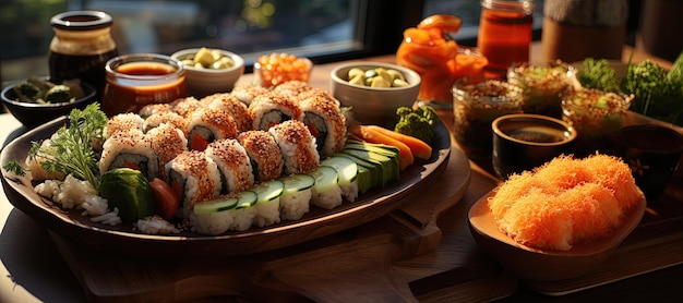 Sushi Platter Rolinhos de sushi variados com peixe fresco, abacate, pepino e arroz, servidos com molho de soja e wasabi