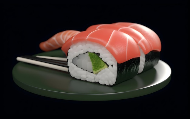 Un sushi que está en un plato con un fondo verde.