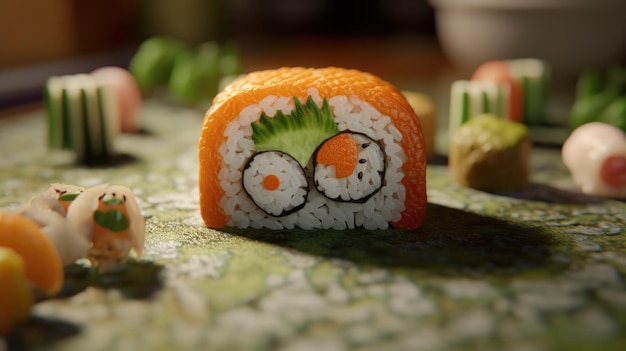 Un sushi que está sobre una mesa.