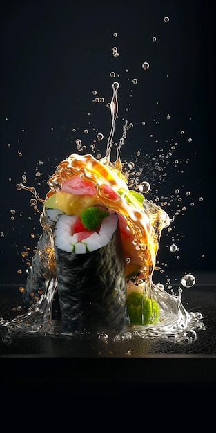 Un sushi que se vierte en una gota de agua