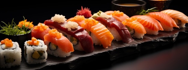 Sushi-Roll auf dunklem Hintergrund japanisches und asiatisches Lebensmittelkonzept
