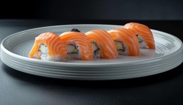 Sushi-Rolle mit frischem Lachs serviert auf dem Teller Kopieren Sie das Bild Platz für das Hinzufügen von Text