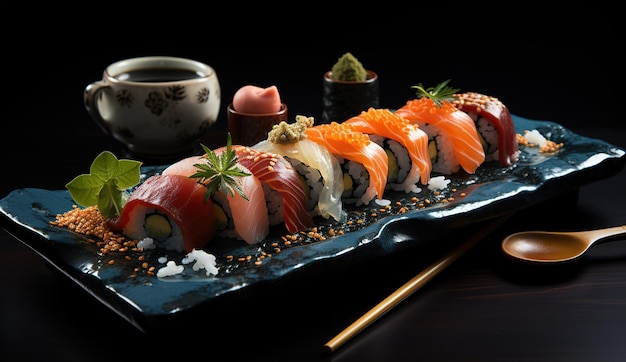 Sushi-Rollen auf dunklem Hintergrund beim Kochen von Sushi-Rollen