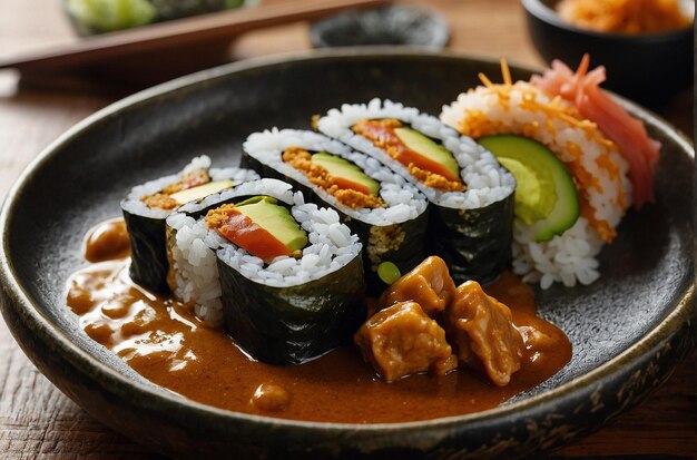 Sushi-Rollen, die mit Curry im japanischen Stil serviert werden