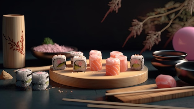 Sushi-Rollen in einer warmen und einladenden Umgebung, isoliert auf einem gemütlichen Hintergrund. Ai-generiert