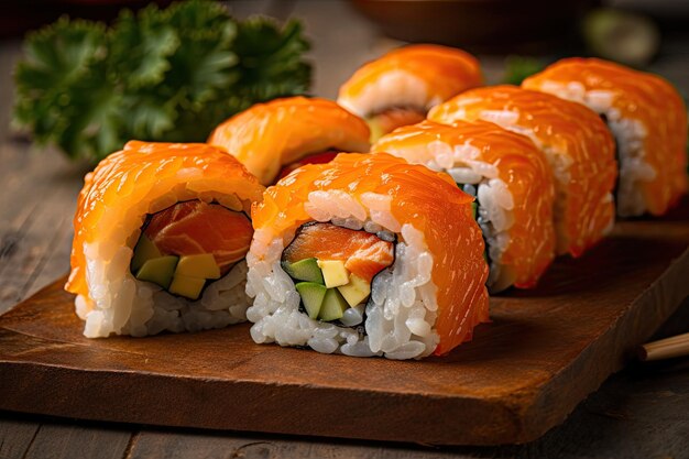 Sushi-Rollen mit frischer Gurke und cremiger Avocado auf einem rustikalen Holzschneidebrett Generative AI