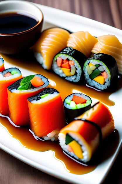 Sushi-Rollen mit Reis und Sojasauce aus Fisch