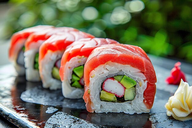 Sushi-Rollen mit rohen Fischschnitten und cremigem Avocado