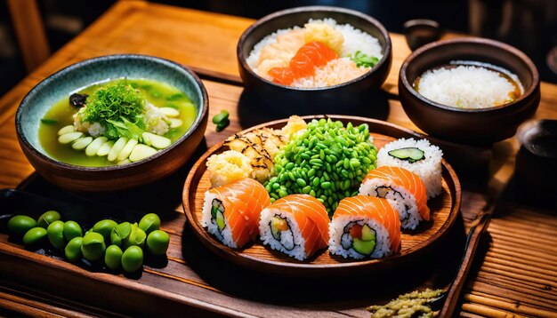 Sushi-Rollen mit Wasabi und Sojasauce auf einem Teller ai generative