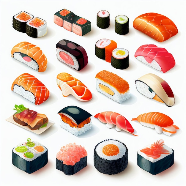 Sushi-Rollen-Sammlung mit frischem Rohmaterial auf weißem Hintergrund Erstellt mit generativer KI-Technologie