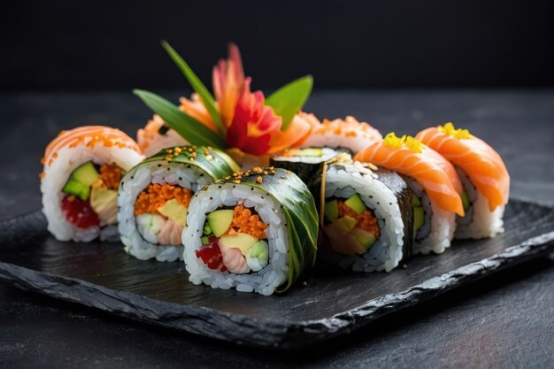 Sushi-Rollen-Sortiment elegant präsentiert