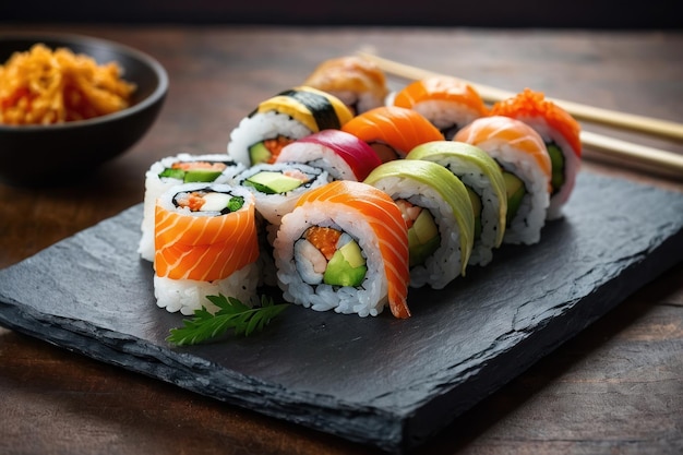 Sushi-Rollen-Sortiment elegant präsentiert